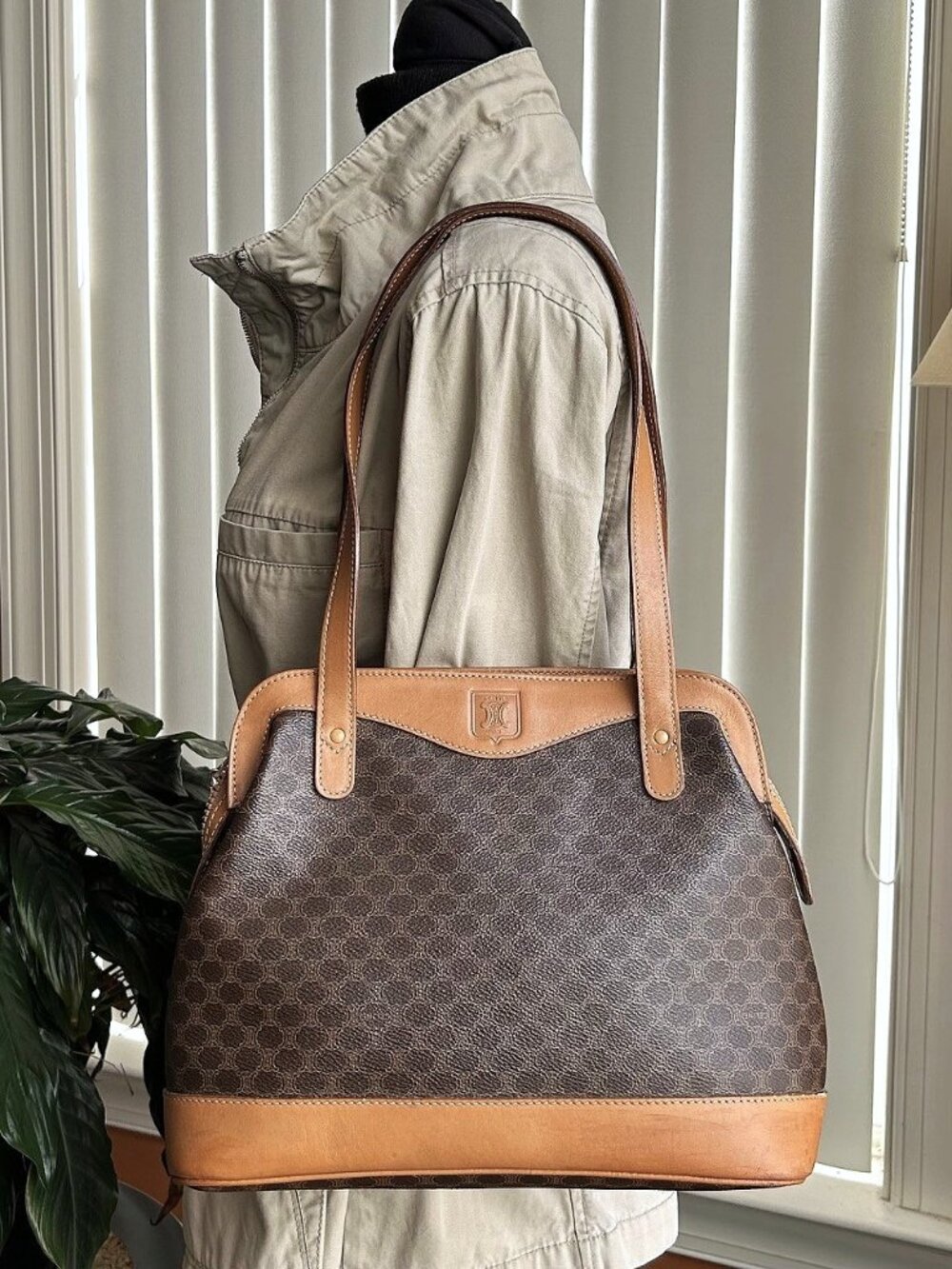 CELINE Macadam Canvas and Shoulder Bag, Brown, Carmel
